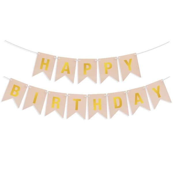 Гирлянда Флажки, Happy Birthday, Бежевый/Золото, Металлик, 500 см, 16*12 см